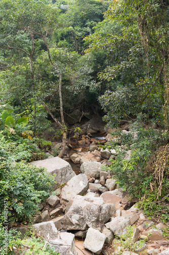 Mountain creek among stones in a tropical forest national park Ya Nuo Da in China on island of Hainan