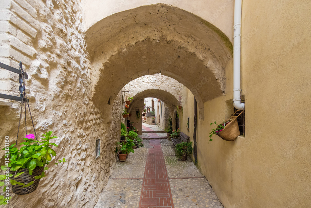 Obraz premium Castelnuovo di Farfa, Italy - A very little medieval town in province of Rieti, Lazio region, central Italy. Here in particular the nice historic center in stone