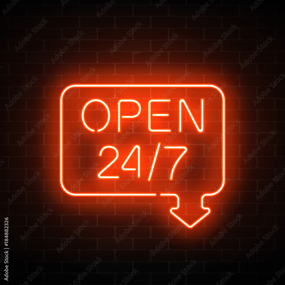 Neon open 24 hours 7 days a week sign in geometric shape with arrow on a brick wall background. Neon open 24 hours 7 days a week sign in geometric shape with arrow on a brick wall background.