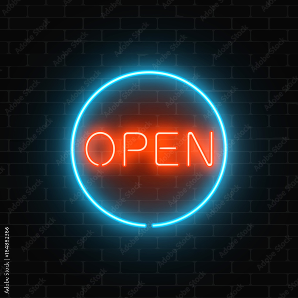 Neon open sign in a circle frame on a brick wall background. Round the clock working cocktail bar signboard