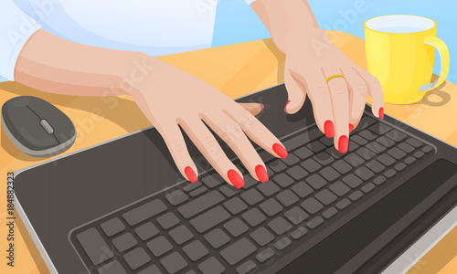 Woman Typing on Keyboard, Vector Illustration