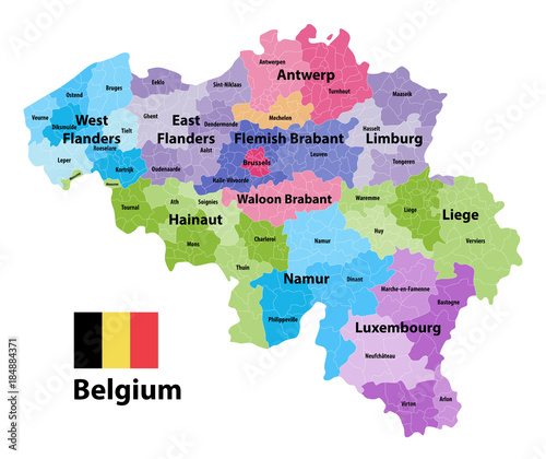 Canvas Print Belgium map showing  the provinces and administrative subdivisions (municipalities), colored by arrondissements
