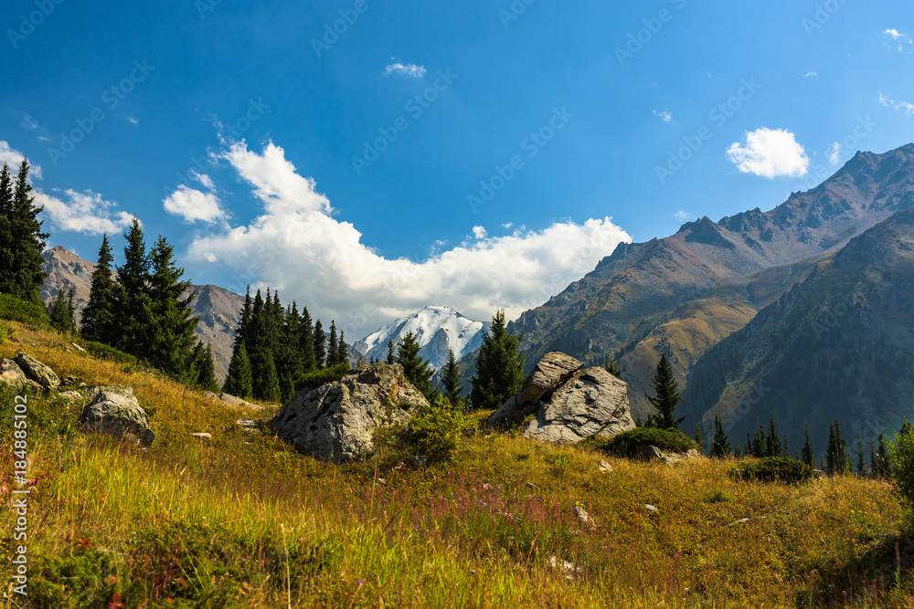 View of the mountains and the Big Almaty lake. Kazakhstan. Tien-Shan Mountains