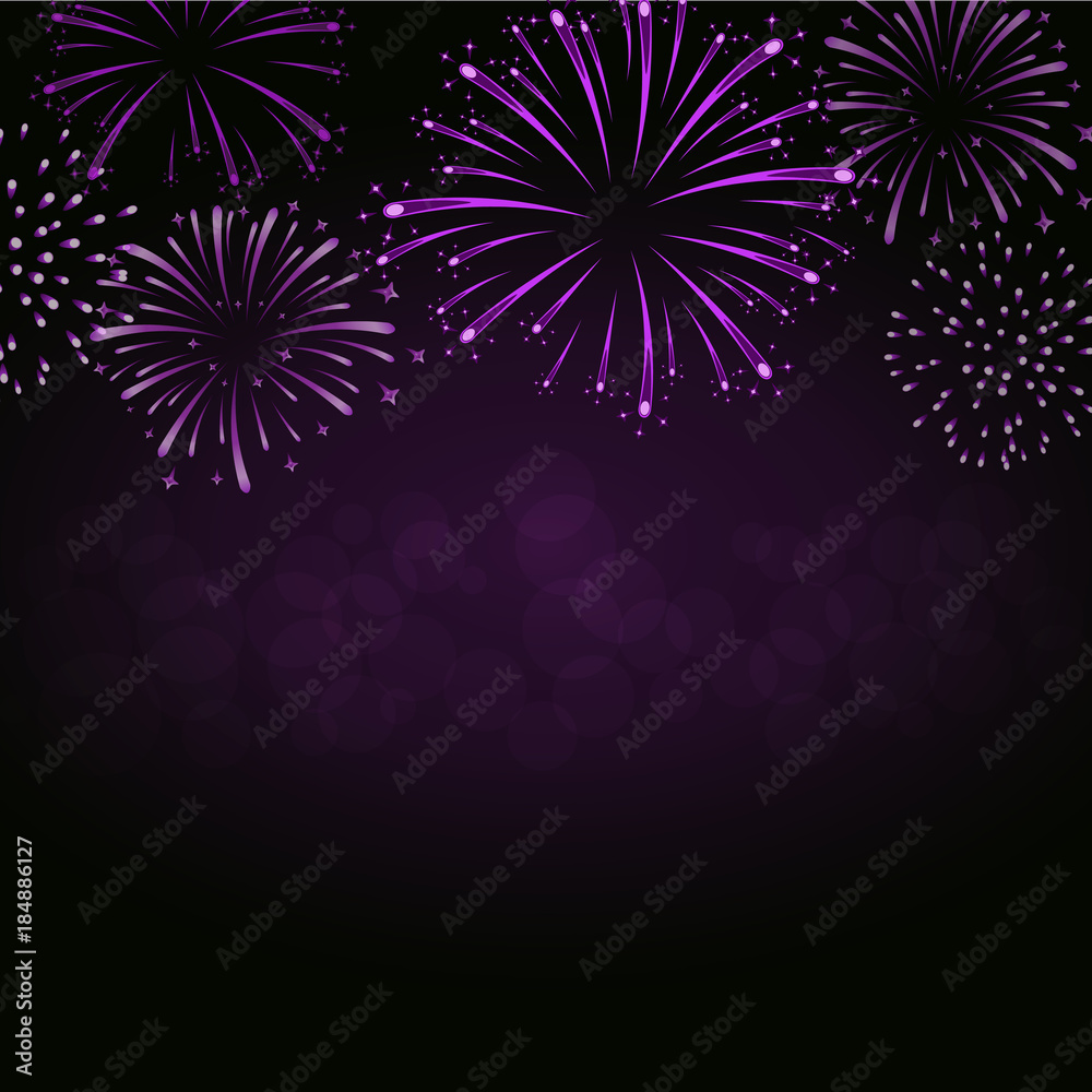 Firework sparkle background card. Beautiful bright fireworks isolated on black background. Light pink decoration fireworks for Christmas card, New Year celebration. Vector illustration