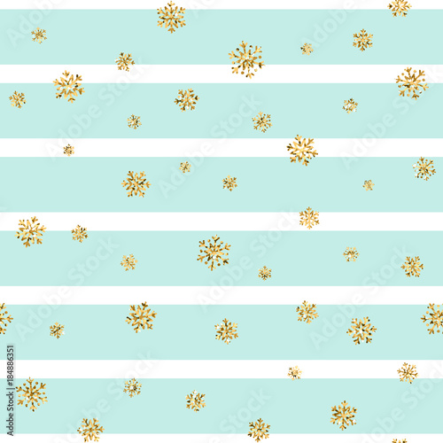 Christmas gold snowflake seamless pattern. Golden glitter snowflakes on blue white lines background. Winter snow texture design wallpaper Symbol holiday, New Year celebration. Vector illustration