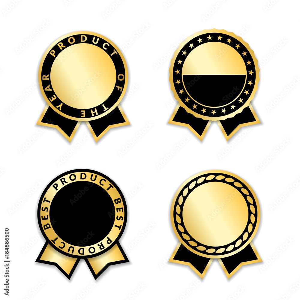 Ribbons award best product of year set. Gold ribbon award icons isolated white background. Best product golden label for prize, badge, medal, guarantee quality product. Vector illustration Ribbons award best product of year set. Gold ribbon award icons isolated white background. Best product golden label for prize, badge, medal, guarantee quality product. Vector illustration