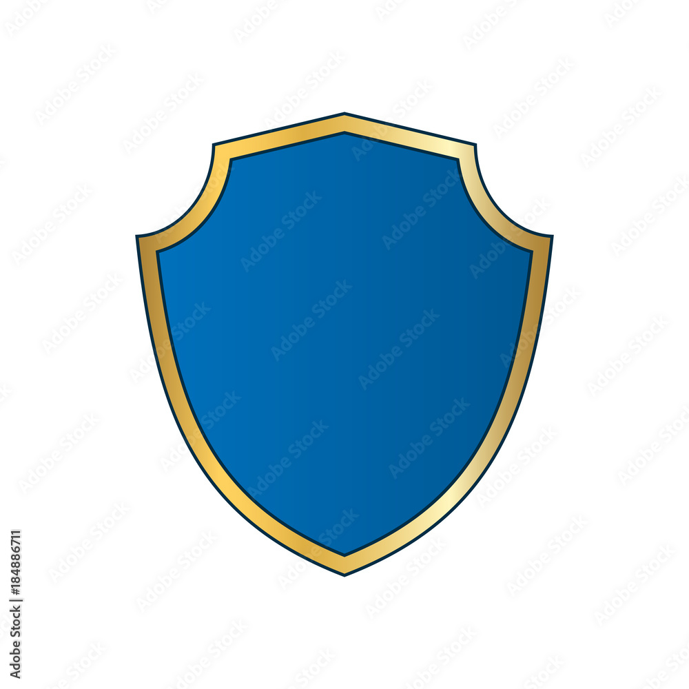 Gold-blue shield shape icon. Bright logo emblem metallic sign isolated on white background. Empty shape shield. Symbol of security, protection, defense. Shiny element design. Vector illustration Gold-blue shield shape icon. Bright logo emblem metallic sign isolated on white background. Empty shape shield. Symbol of security, protection, defense. Shiny element design. Vector illustration