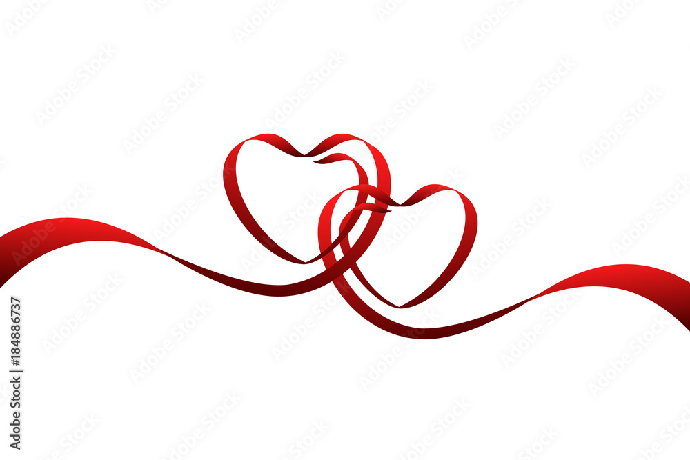 Red ribbons in the shape of two hearts for love concept, wedding or Valentine day. Vector illustration isolated on white background. Red ribbons in the shape of two hearts for love concept, wedding or Valentine day. Vector illustration isolated on white background.