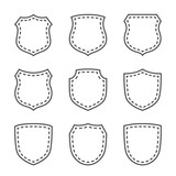 Shield shape icons set. Black silhouette signs isolated on white background. Symbol protection, arms, security, safety. Flat retro style design. Element vintage heraldic emblem. Vector illustration