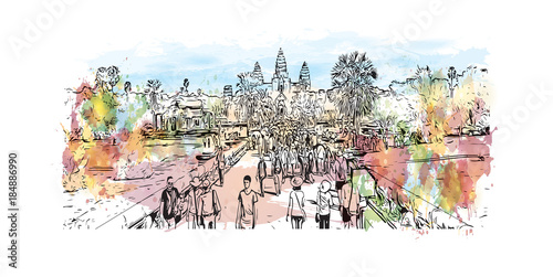 Angkor Wat Temple, Cambodia. Watercolor splash with hand drawn sketch illustration in vector 