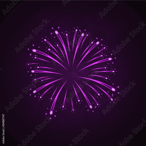 Beautiful pink firework. Bright firework isolated on black background. Light purple decoration firework for Christmas, New Year celebration, holiday, festival, birthday card Vector illustration