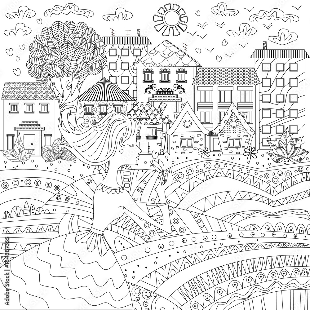 Lovely girl in a city for coloring book
