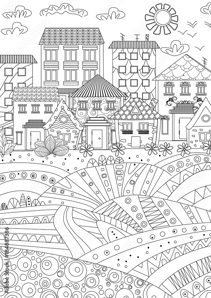 Cozy town for coloring book