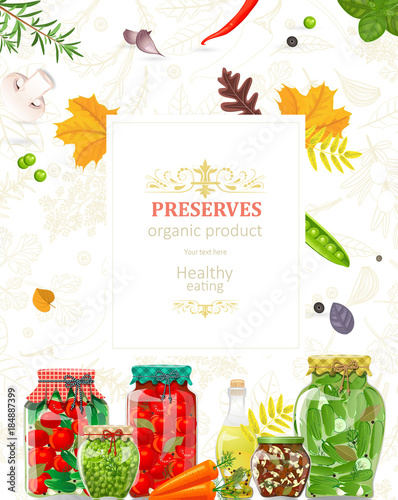 autumn card with delicious canned vegetables in glass jars for y