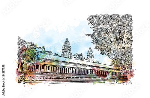Angkor Wat Temple, Cambodia. Watercolor splash with hand drawn sketch illustration in vector 