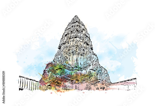 Angkor Wat Temple, Cambodia. Watercolor splash with hand drawn sketch illustration in vector 