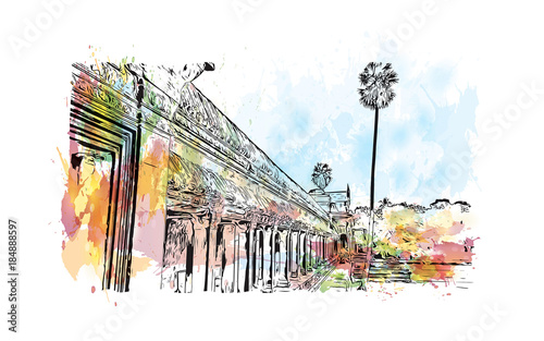 Angkor Wat Temple, Cambodia. Watercolor splash with hand drawn sketch illustration in vector 