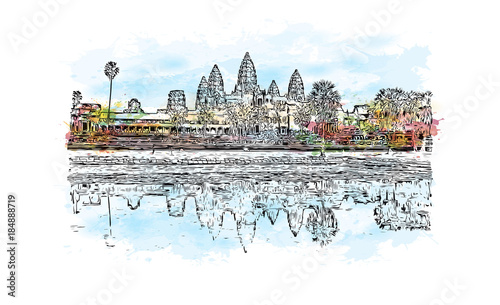 Angkor Wat Temple, Cambodia. Watercolor splash with hand drawn sketch illustration in vector 