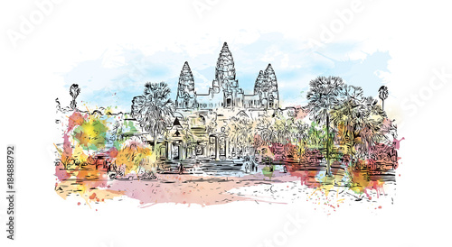 Angkor Wat Temple, Cambodia. Watercolor splash with hand drawn sketch illustration in vector 