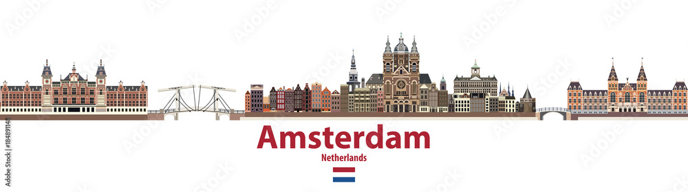 Fototapeta premium vector city skyline of Amsterdam. Flag of Netherlands