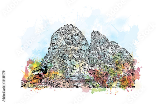 Angkor Wat Temple, Cambodia. Watercolor splash with hand drawn sketch illustration in vector 