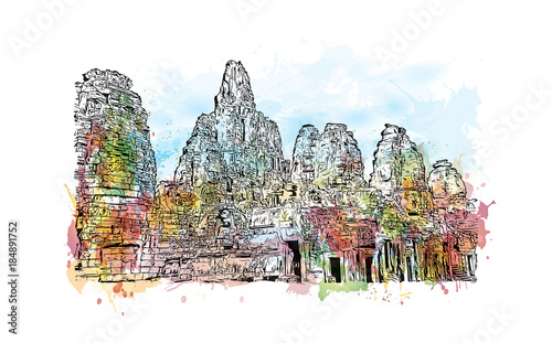 Angkor Wat Temple, Cambodia. Watercolor splash with hand drawn sketch illustration in vector 