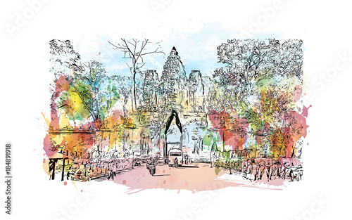 Angkor Wat Temple, Cambodia. Watercolor splash with hand drawn sketch illustration in vector 