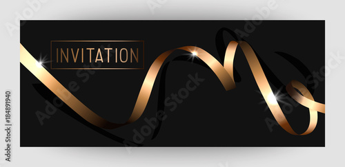 Horizontal gift gold design background with ribbons for invitation, birthday, voucher. For a banner, postcards. flyer, label, certificate. Vector.  Merry New Year and Happy Christmas.