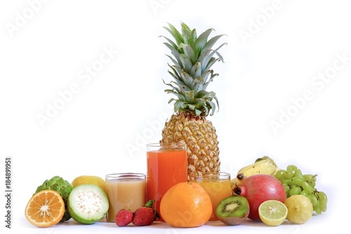 Assorted fruits isolated on white background, group of fruits, glass of juice 