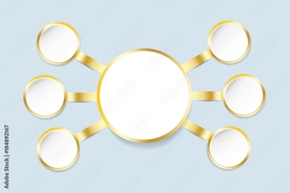 White circles with golden metallic edges showing 7 Options. Modern Template Design, Financial and Business White circles with golden metallic edges showing 7 Options. Modern Template Design, Financial and Business