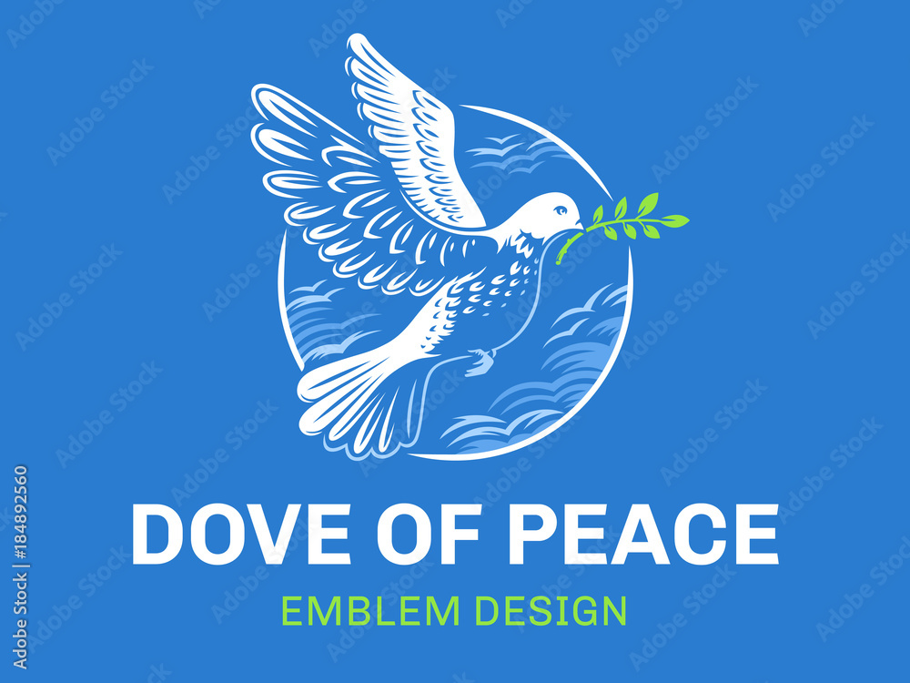 Obraz premium Dove of the world - a pigeon in flight with a twig of a plant in its beak against the background of clouds in a circle - logo, emblem, illustration design on a blue background.