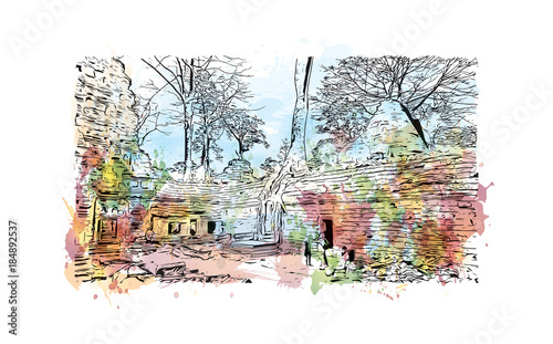 Angkor Wat Temple, Cambodia. Watercolor splash with hand drawn sketch illustration in vector 