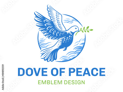 Dove of the world - a pigeon in flight with a twig of a plant in its beak against the background of clouds in a circle - logo, emblem, illustration design on a white background.