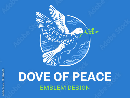 Dove of the world - a pigeon in flight with a twig of a plant in its beak against the background of clouds in a circle - logo, emblem, illustration design on a blue background.