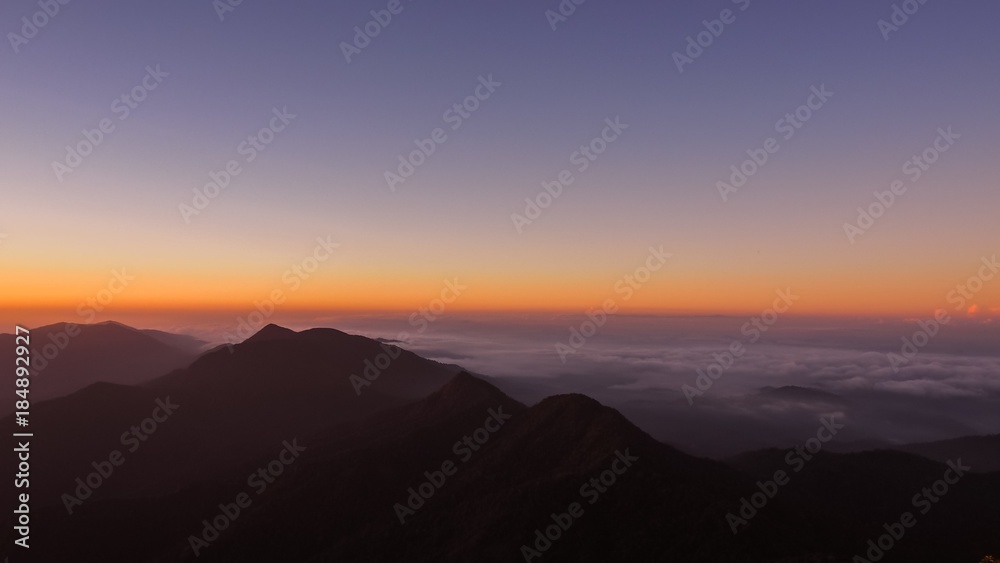 Beautiful Natural Sunset Sunrise Over Khao Mokoju Summit Mokoju Mountain, Mae Wong National Park, Thailand.