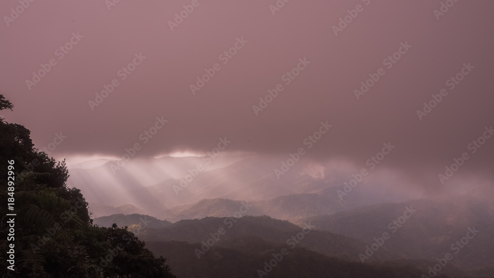Fototapeta premium Beautiful Natural Sunset Sunrise Over Khao Mokoju Summit Mokoju Mountain, Mae Wong National Park, Thailand.