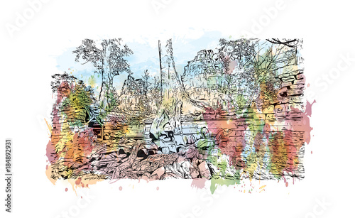 Angkor Wat Temple, Cambodia. Watercolor splash with hand drawn sketch illustration in vector 