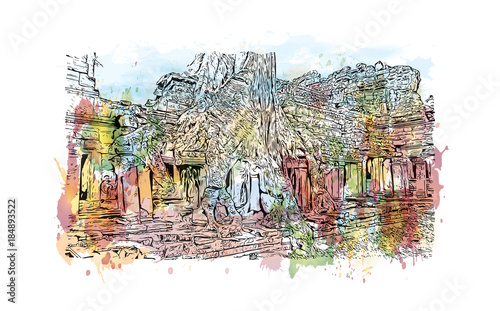 Angkor Wat Temple, Cambodia. Watercolor splash with hand drawn sketch illustration in vector 