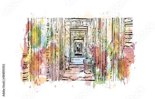 Angkor Wat Temple, Cambodia. Watercolor splash with hand drawn sketch illustration in vector 