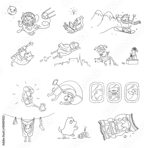 Fototapeta Naklejka Na Ścianę i Meble -  Funny set of cute dog hand drawn illustrations with various subjects. Vector sketch.