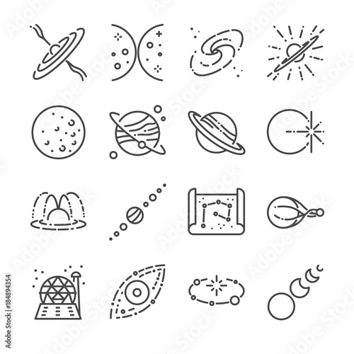 Astronomy icon set. Included the icons as stars, space, universe, galaxies, planet, solar system and more.