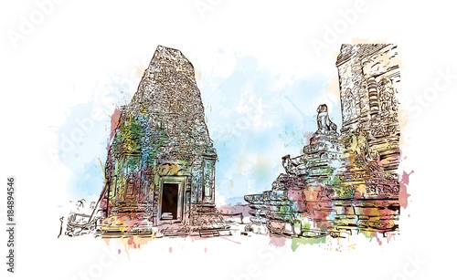 Angkor Wat Temple, Cambodia. Watercolor splash with hand drawn sketch illustration in vector 