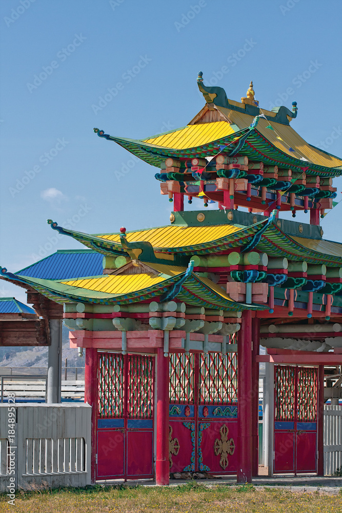 The great door of the Ivolginsky datsan (buddhist monastery) one of the largest Buddhist centers, Ulan-ude, Buryatia, Russia.