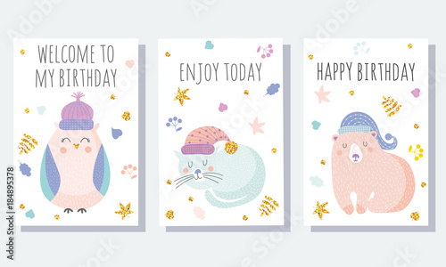 3 Birthday cards with cute animals