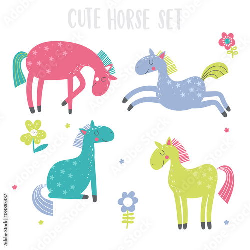 Set with 4 cute cartoon horses