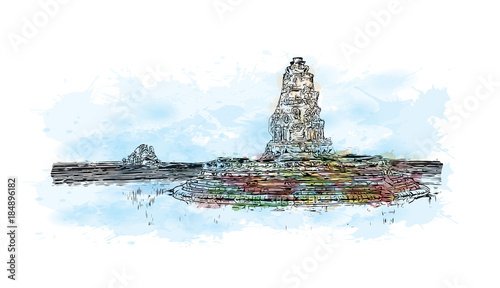 Angkor Wat Temple, Cambodia. Watercolor splash with hand drawn sketch illustration in vector 