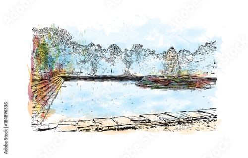 Angkor Wat Temple, Cambodia. Watercolor splash with hand drawn sketch illustration in vector 