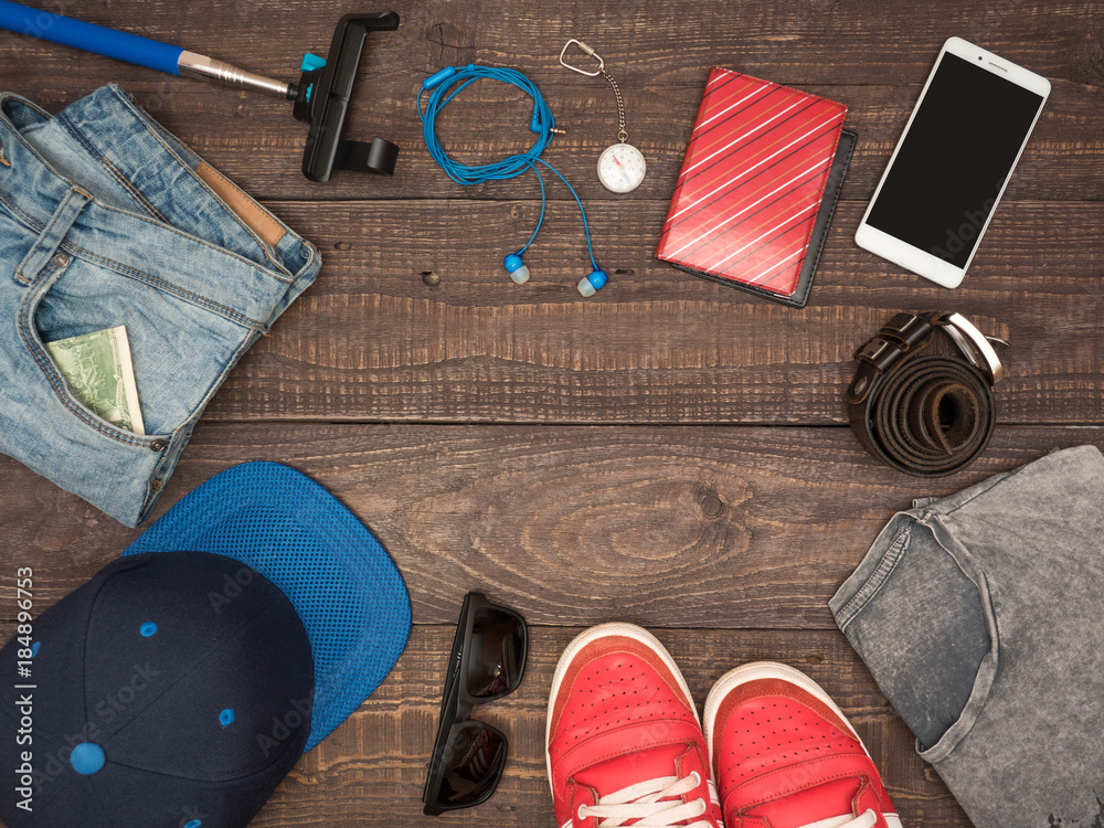 Preparation for travel, things are laid out on the table Preparation for travel, things are laid out on the table