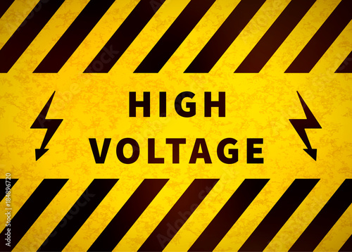 High voltage warning plate, old danger sign with yellow and black stripes