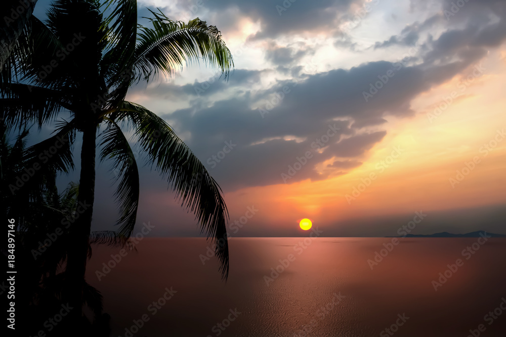 Dramatic atmosphere panorama view of beautiful sunset sky and clouds with open view of ocean and silhouette coconut trees.
